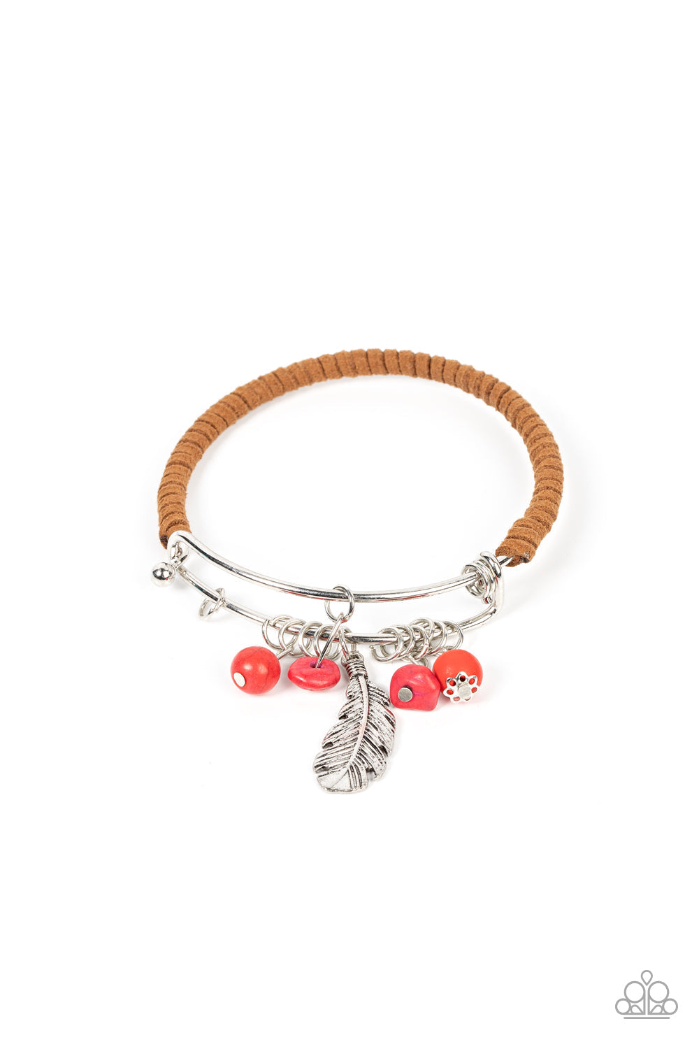 Running a-FOWL - Red Stones, Silver Feather Charm, & Brown Suede Paparazzi Charm Bracelet