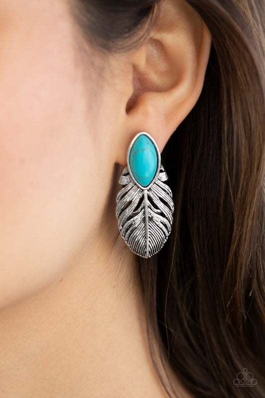 Rural Roadrunner - Blue/Turquoise Stone Antiqued Silver Feather Frame Paparazzi Earrings