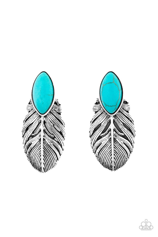 Rural Roadrunner - Blue/Turquoise Stone Antiqued Silver Feather Frame Paparazzi Earrings