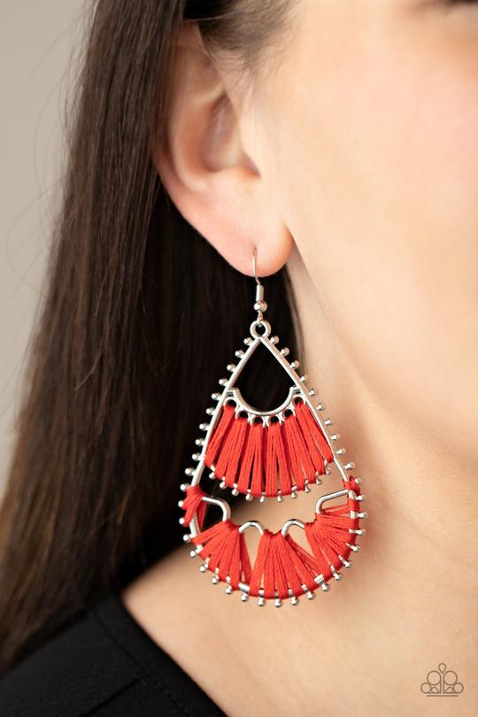 Samba Scene - Red Threaded Abstract Fitting Paparazzi Earrings