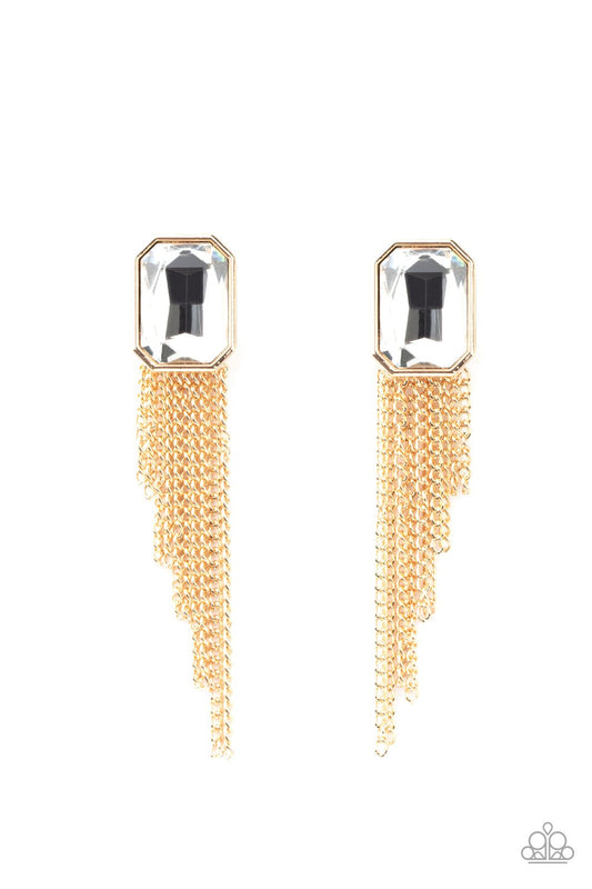 Save for a REIGNy Day - Gold Fringe Paparazzi Double-Sided Post Earrings