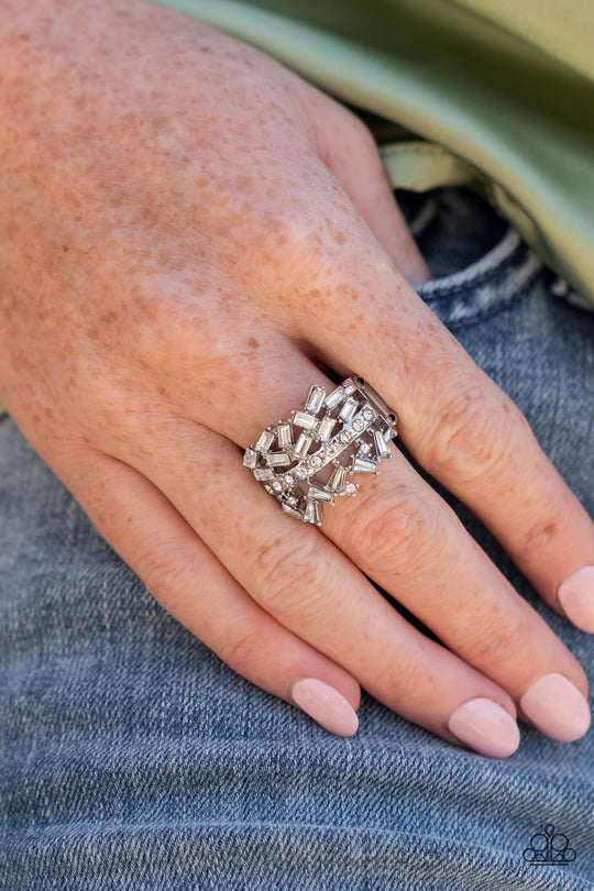 Scattered Sensation - White Rhinestone Haphazard Explosion Paparazzi Ring