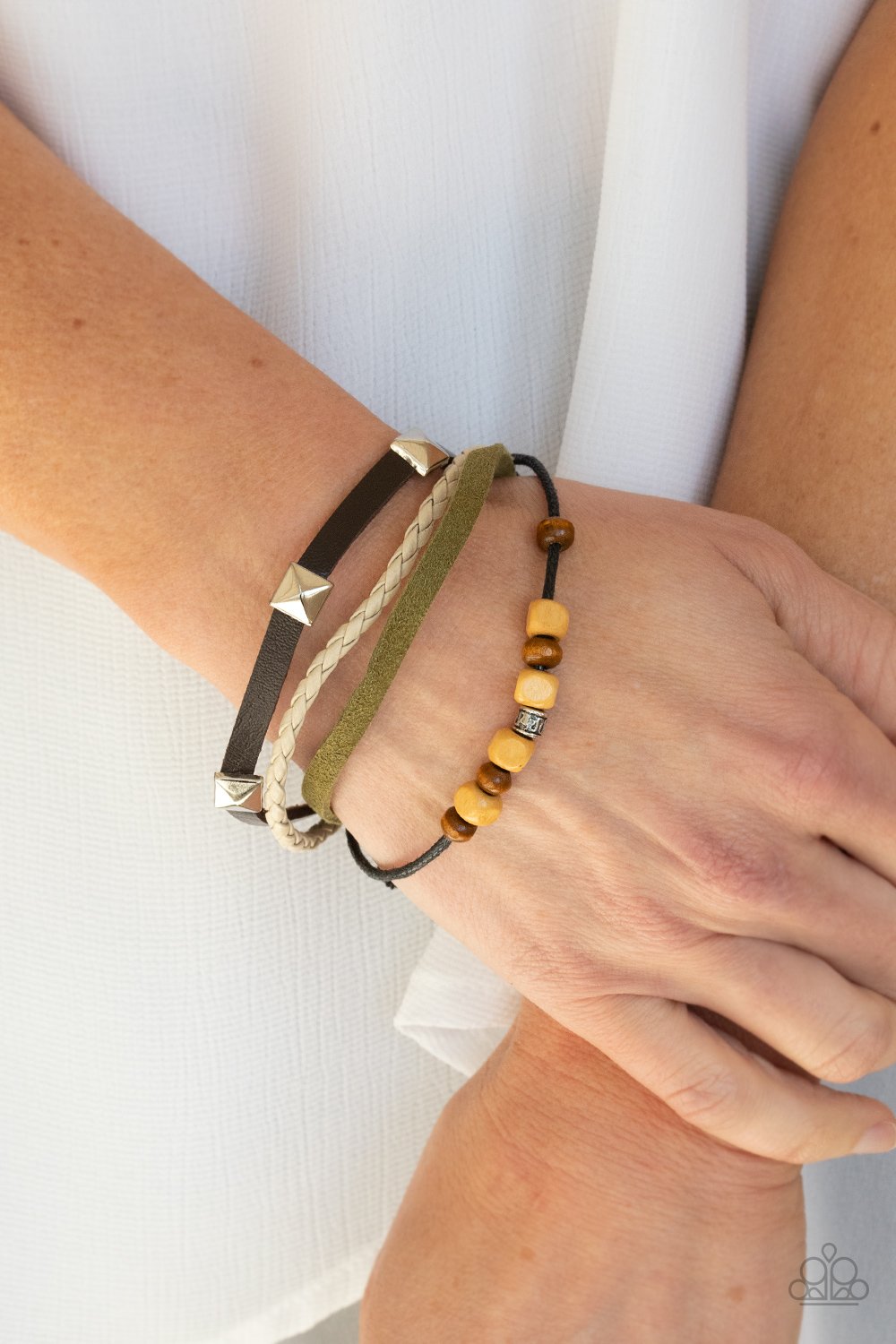 Solo Climb - Black Leather Cording/Mismatched Metal & Wooden Accents Urban Bracelet