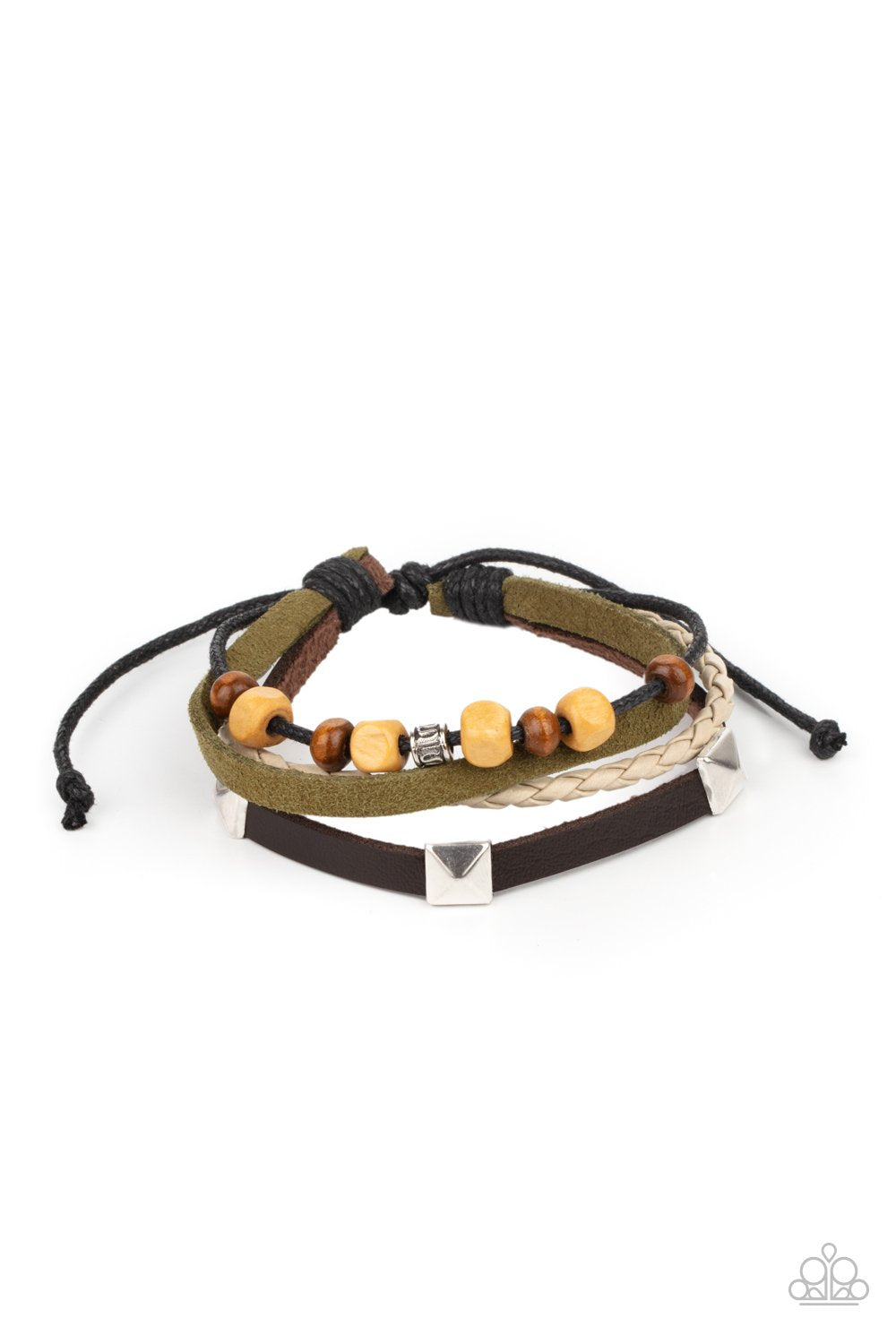 Solo Climb - Black Leather Cording/Mismatched Metal & Wooden Accents Urban Bracelet