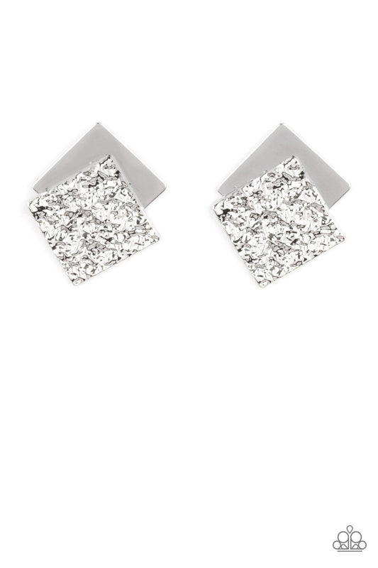 Square With Style - Silver Embossed Texture Paparazzi Post Earrings