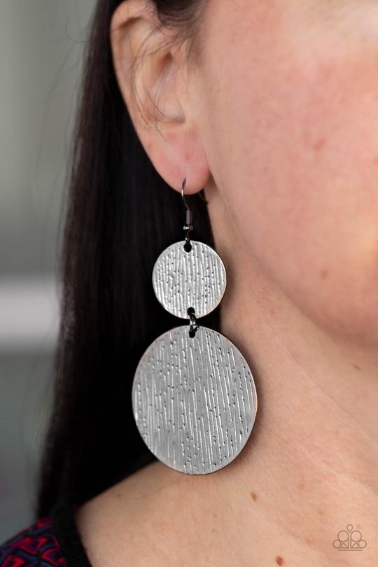 Status CYMBAL - Gunmetal Embossed Disc Paparazzi Earrings