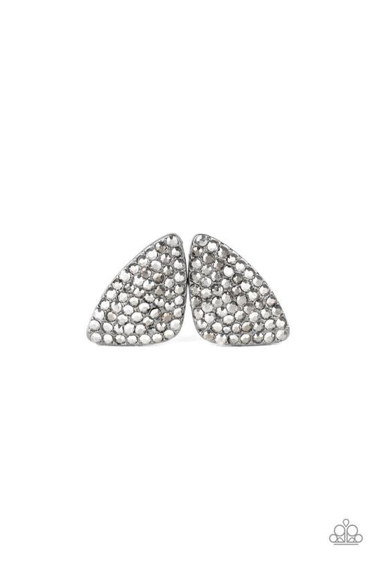 Supreme Sheen - Gunmetal & White Rhinestone Triangle Shaped Paparazzi Earrings