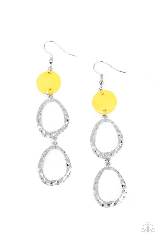 Surfside Shimmer - Yellow Pearly Shell/Asymmetrical Hoop Paparazzi Earrings
