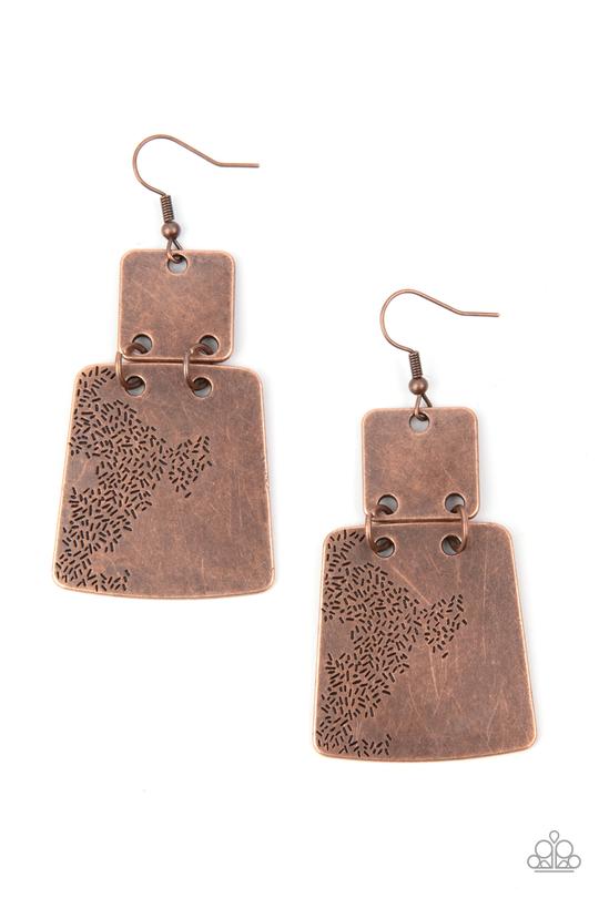 Tagging Along - Copper Flared Abstract Plate Paparazzi Earrings
