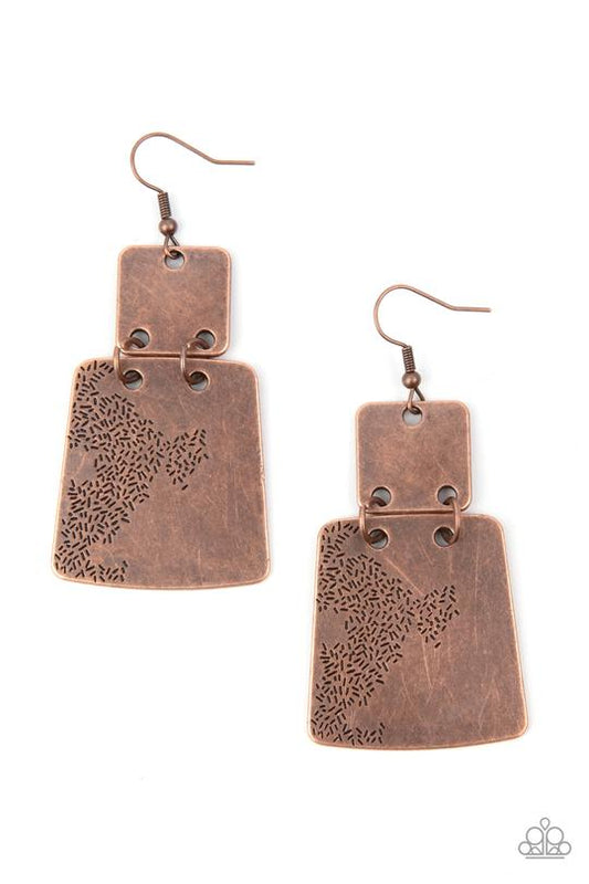 Tagging Along - Copper Flared Abstract Plate Paparazzi Earrings