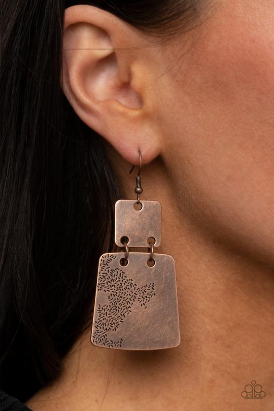 Tagging Along - Copper Flared Abstract Plate Paparazzi Earrings