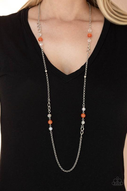 Teasingly Trendy - Orange, Silver & Iridescent Crystal-Like Beaded Paparazzi Necklace & matching earrings