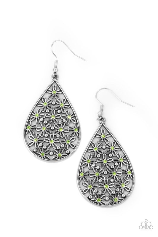 Tick, Tick, BLOOM! - Green Rhinestone Dainty Flower Paparazzi Earrings