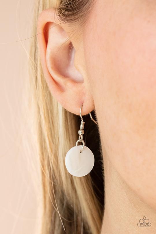 Tidal Tease - White Iridescent Sell-Like Disc Pendant Paparazzi Necklace & matching earrings