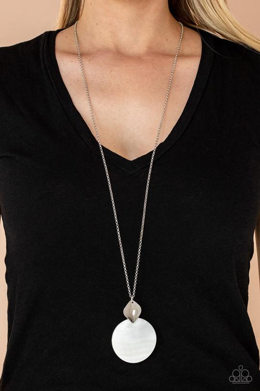 Tidal Tease - White Iridescent Sell-Like Disc Pendant Paparazzi Necklace & matching earrings