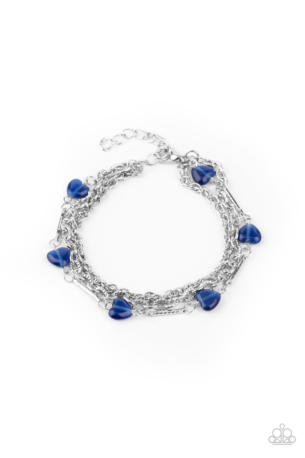 To Love and Adore - Blue Heart Shaped Cat's Eye Stone Beaded Dainty Silver Chain Adjustable Paparazzi Bracelet
