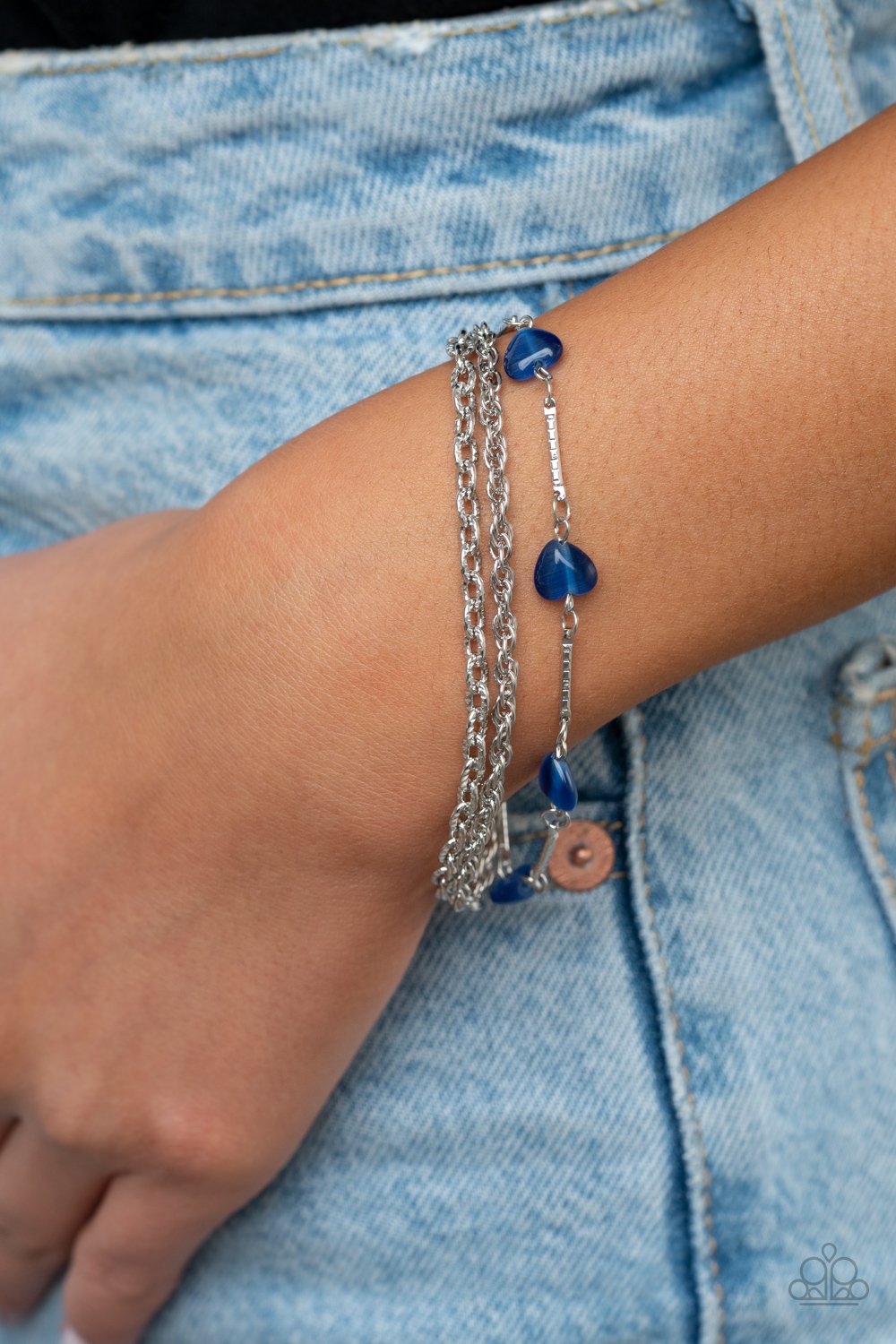 To Love and Adore - Blue Heart Shaped Cat's Eye Stone Beaded Dainty Silver Chain Adjustable Paparazzi Bracelet