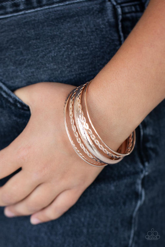 Trophy Texture - Rose Gold Mismatched Texture Set of 7 Paparazzi Bangle Bracelets