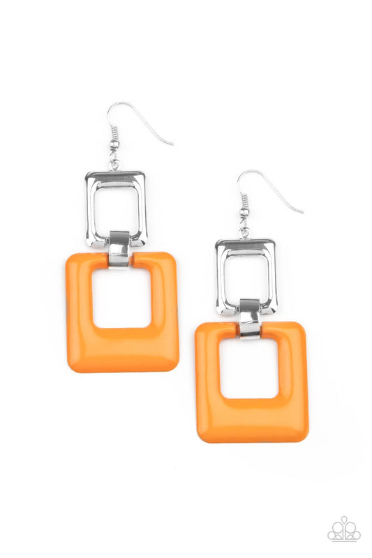 Twice As Nice - Orange & Silver Cutout Square Paparazzi Earrings