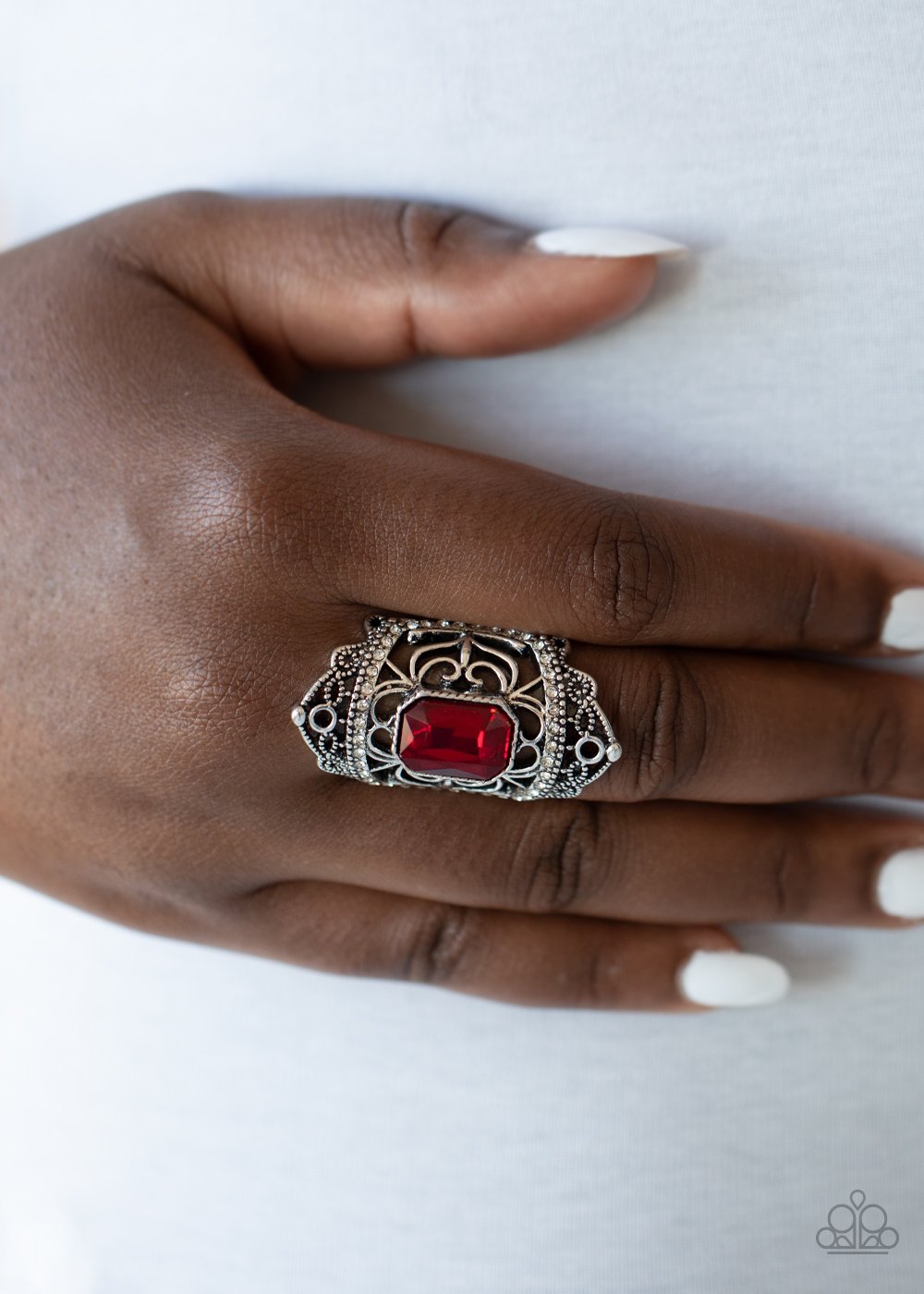 Undefinable Dazzle - Red Emerald Cut Rhinestone/White Rhinestones/Silver Filigree Ring - Life of the Party January 2021 Exclusive