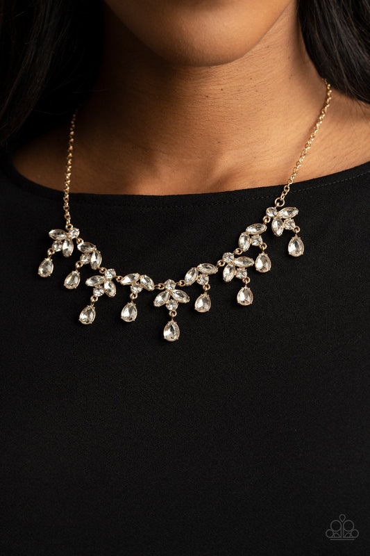 Vintage Royale - Gold Chain/White Rhinestones Paparazzi Necklace & matching earrings Life of the Party March 2021