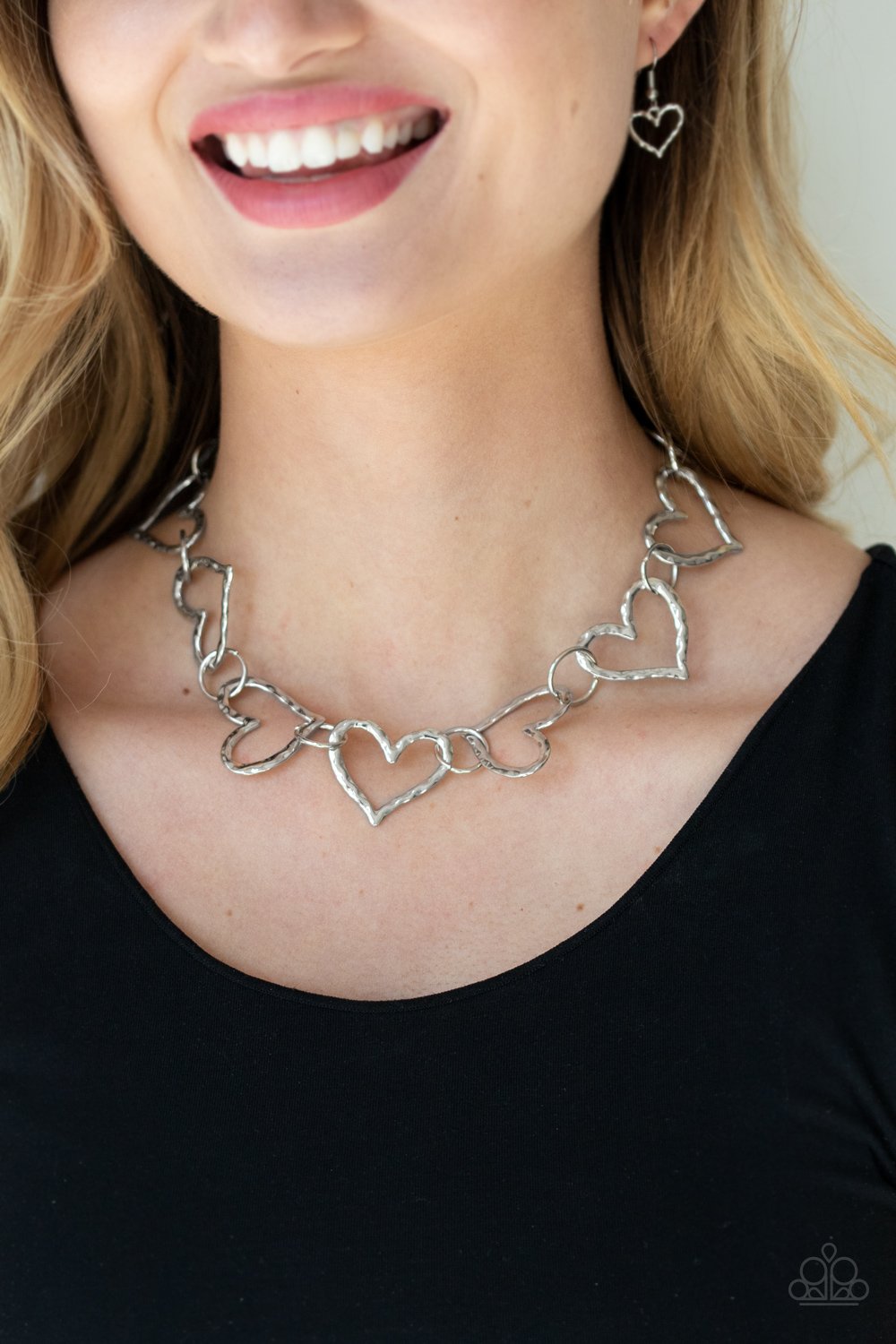 Vintagely Valentine - Silver Linked Hammered Heart Paparazzi Necklace & matching earrings