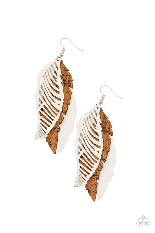 WINGING Off The Hook - White Leather & Brown Cork Paparazzi Earrings
