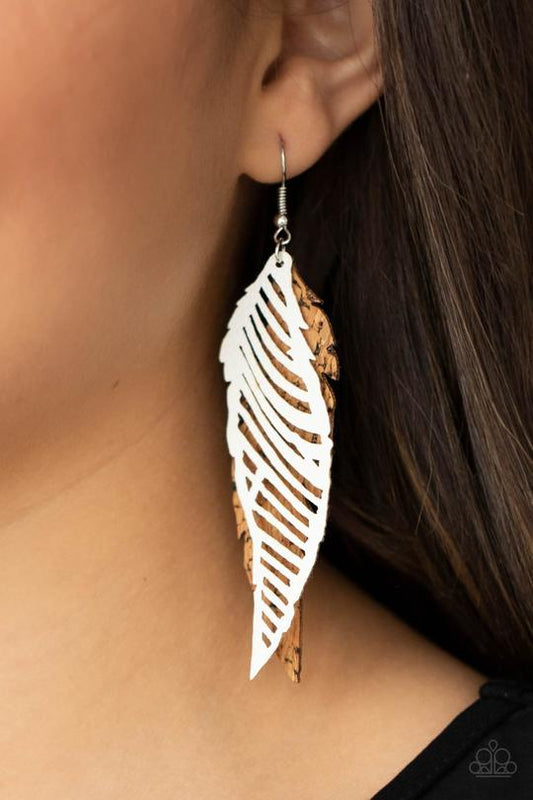 WINGING Off The Hook - White Leather & Brown Cork Paparazzi Earrings