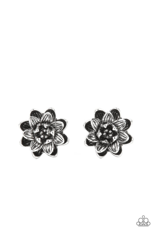 Water Lily Love - Silver Antiqued Flower Paparazzi Post Earrings