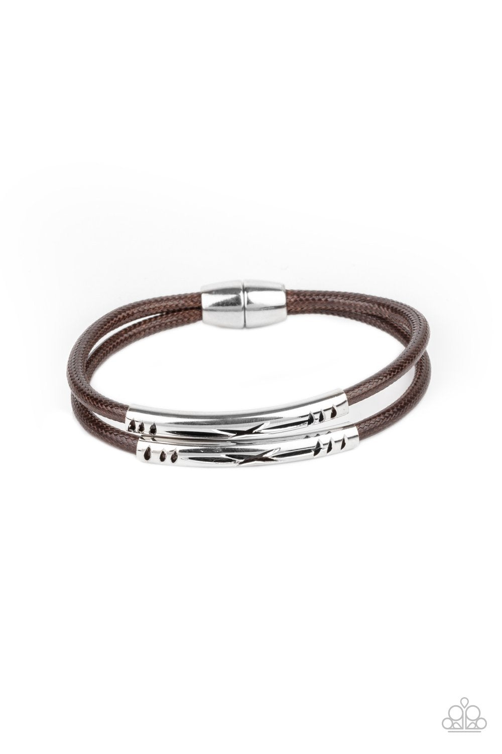 What A WANDER-ful World - Brown Cord/Tribal Inspired Stenciled Silver Bar Magnetic Paparazzi Bracelet