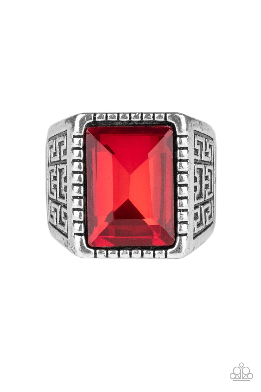 Winning Attitude - Red Emerald Style Cut Gem Paparazzi Men's Ring