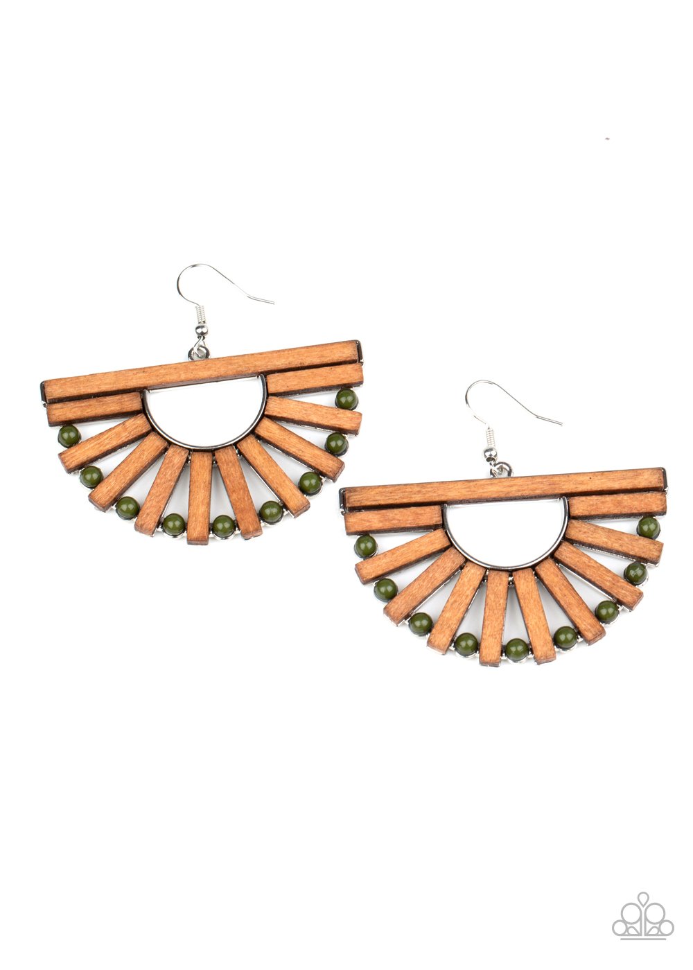 Wooden Wonderland - Green Dainty Beads/Wooden Rectangular Frame Crescent Shaped Paparazzi Earrings