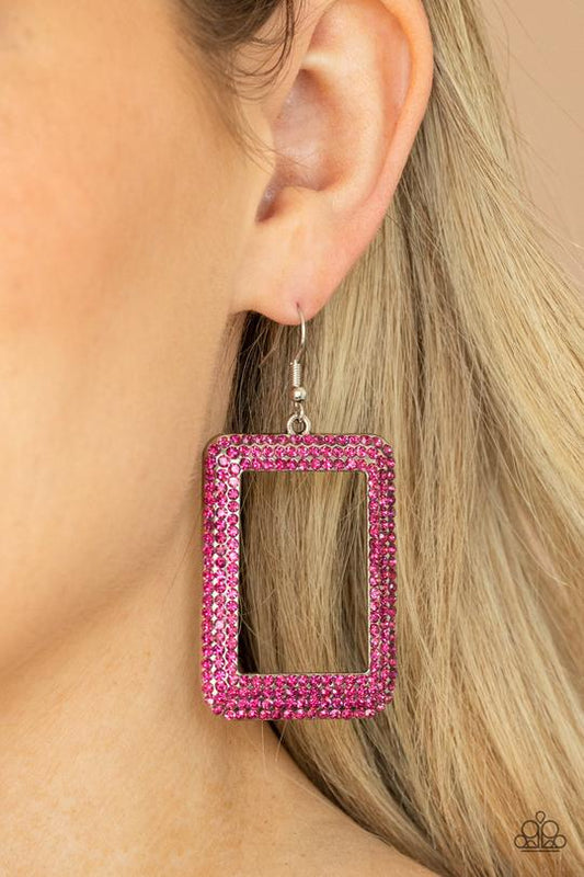 World FRAME-ous - Pink Rhinestone Encrusted Oversized Silver Rectangular Frame Paparazzi Earrings