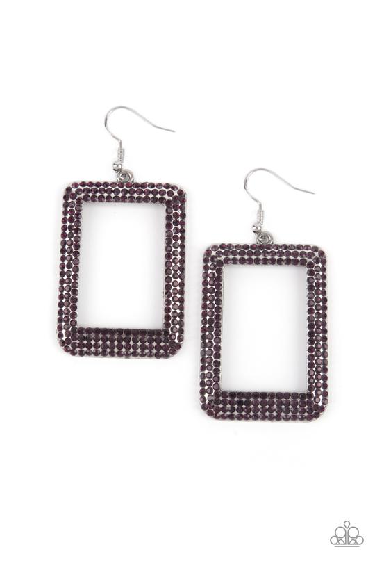 World FRAME-ous - Purple Rhinestone Encrusted Square Frame Paparazzi Earrings