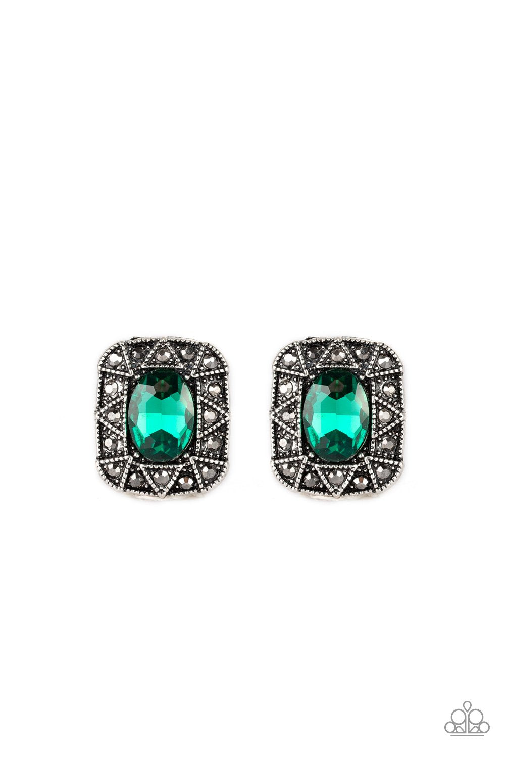 Young Money - Green Oval Gem / Hematite Encrusted Square Frame Paparazzi Post Earrings