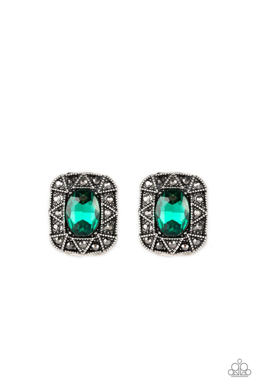 Young Money - Green Oval Gem / Hematite Encrusted Square Frame Paparazzi Post Earrings