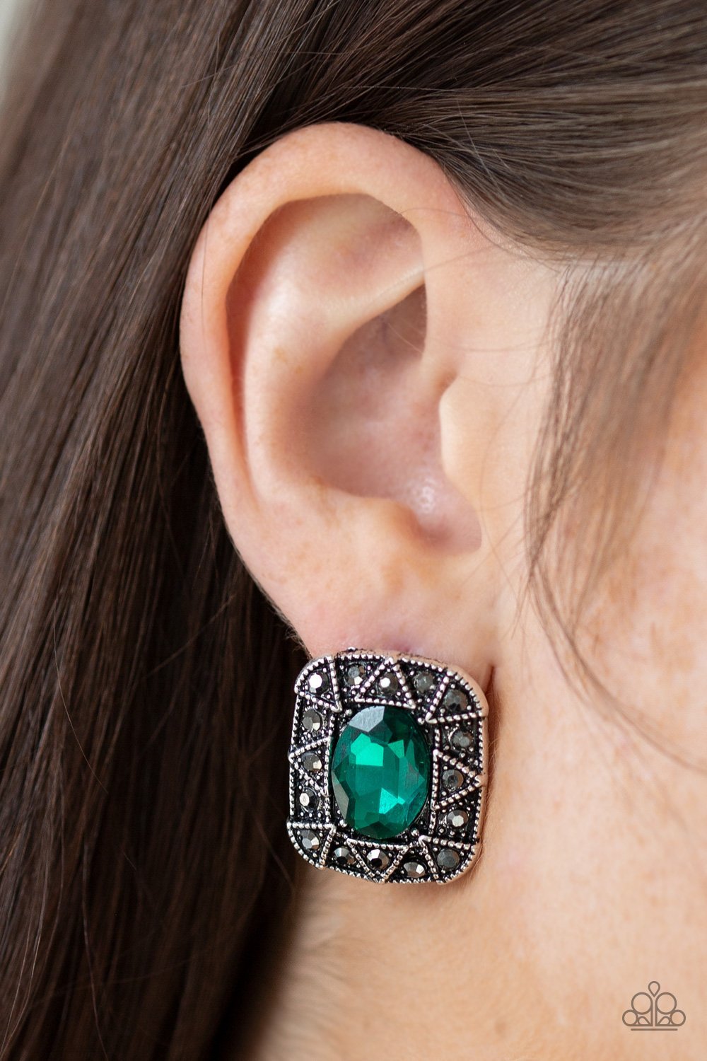 Young Money - Green Oval Gem / Hematite Encrusted Square Frame Paparazzi Post Earrings