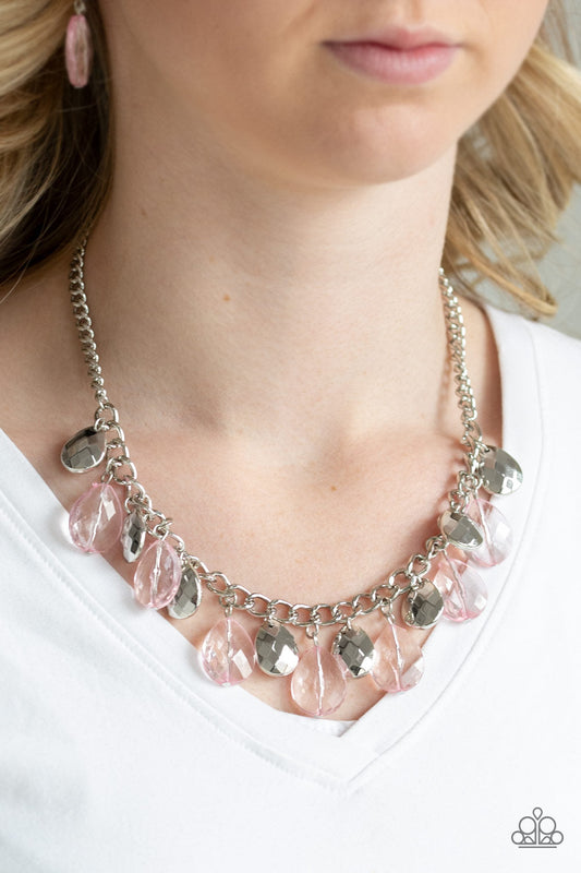 No Tears Left To Cry - Pink & Silver Teardrop Vivacious Fringe Necklace & matching earrings