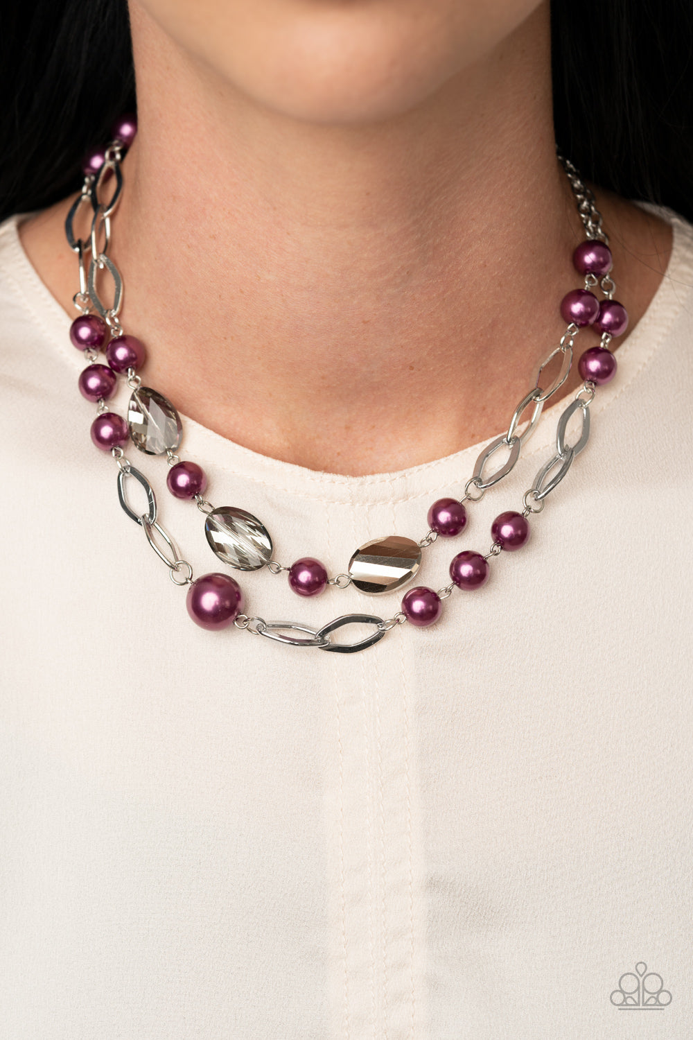 Fluent In Affluence - Purple Pearls/Shimmery Silver Ovals/Crystal-Like Gems Double Layer Necklace & matching earrings