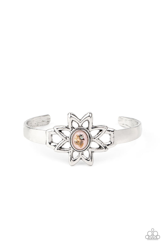 Sahara Garden - Pink Stone/Silver Daisy Frame/Dainty Silver Cuff Bracelet