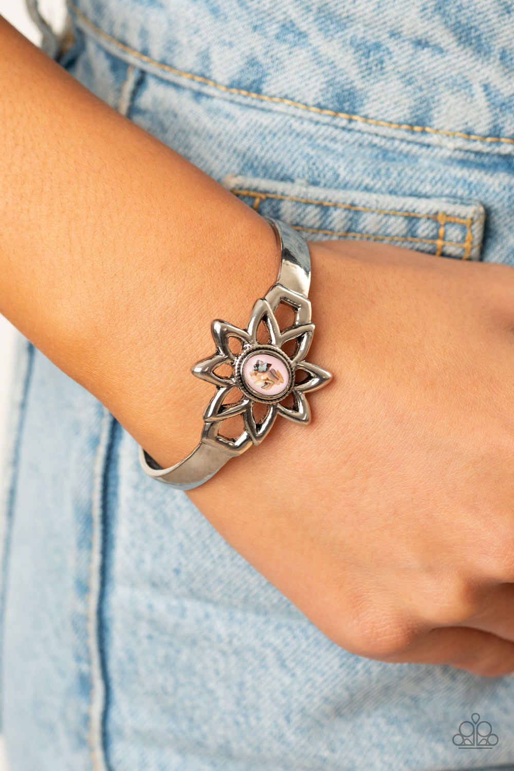 Sahara Garden - Pink Stone/Silver Daisy Frame/Dainty Silver Cuff Bracelet