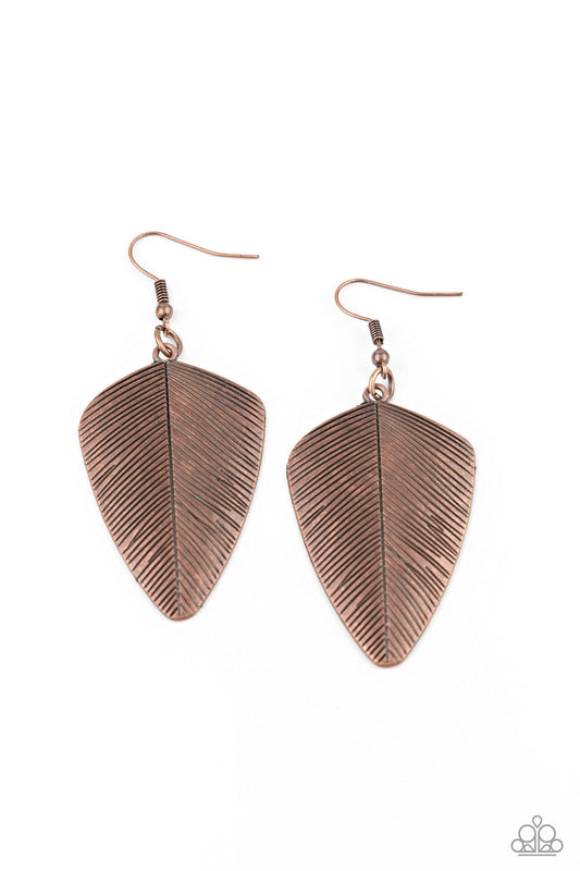 One Of The Flock - Copper Antiqued Feather Detail Rustic Look Earrings