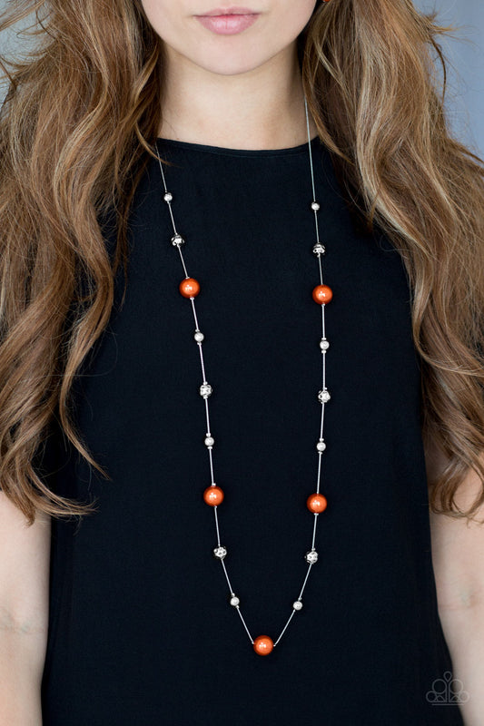 Eloquently Eloquent - Orange Pearl & Silver Beaded Elongated Paparazzi Necklace & matching earrings