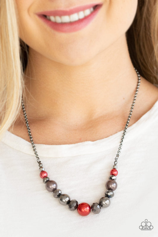 The Big-Leaguer - Multi Red & Gunmetal Pearls/Crystal-Like Hematite Beaded Invisible Wire Paparazzi Necklace & matching earrings