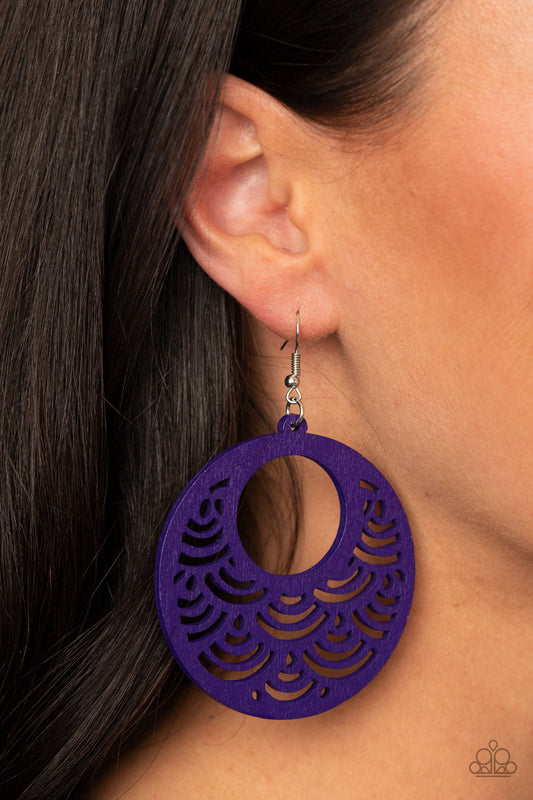 SEA Le Vie! - Purple Wooden Scalloped Pattern Tropical Inspiration Paparazzi Earrings