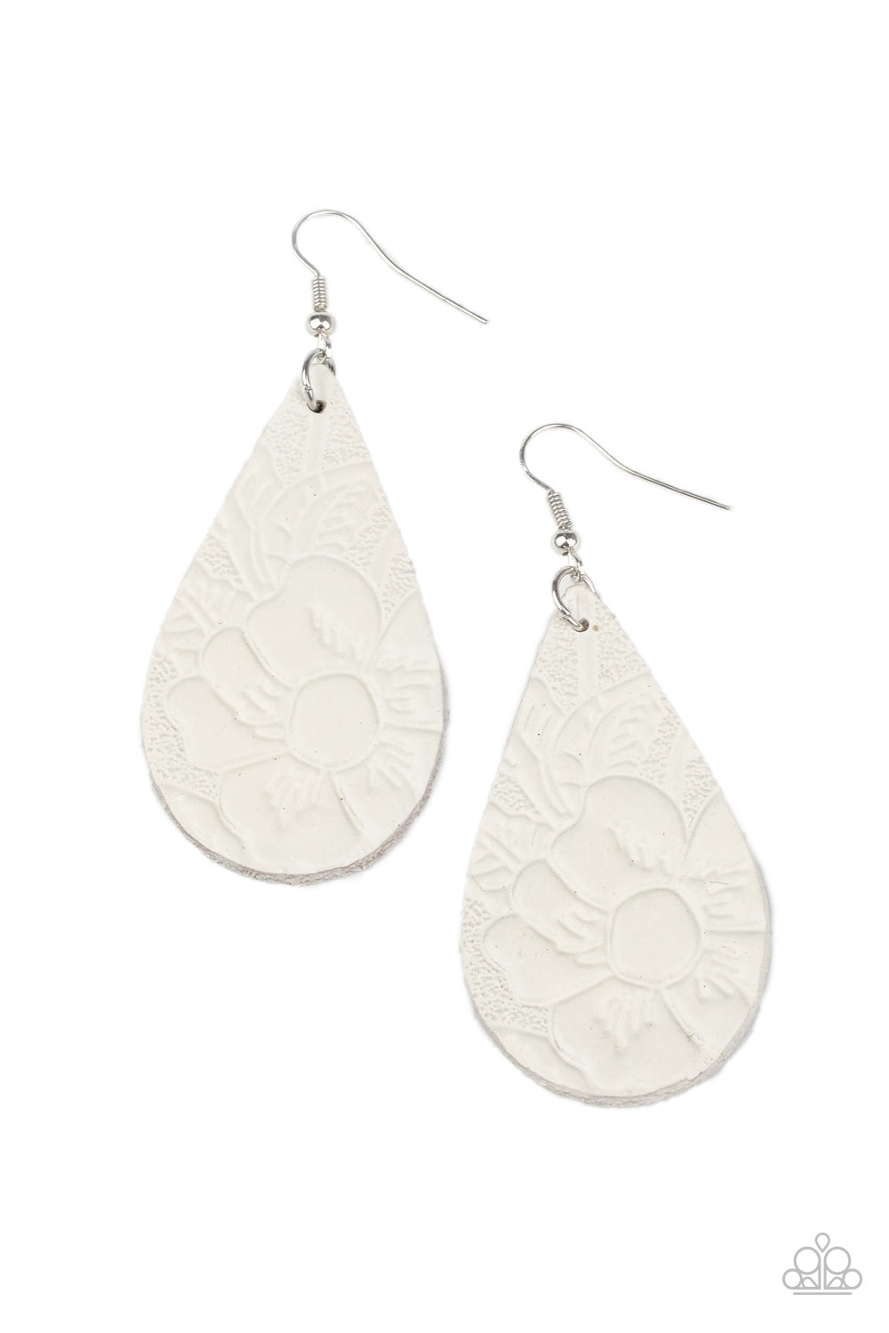 Beach Garden - White Floral Embossed Leather Paparazzi Earrings