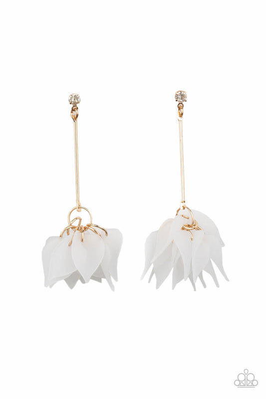 Suspended In Time - Gold Rod/Collection of Curving White Acrylic Petal Earrings