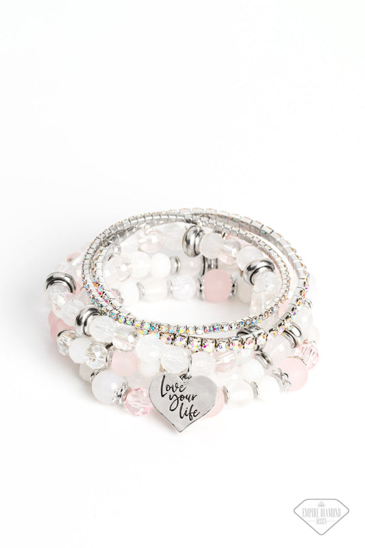 Optimistic Opulence - Pink Beads, White & Pink Accents, Iridescent Rhinestones, & "love your life" Heart Pendant Paparazzi Stretch Bracelets
