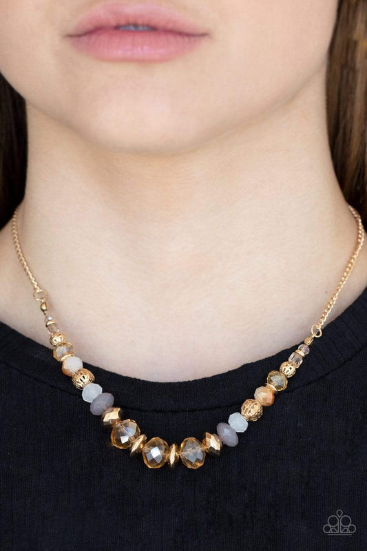 Turn Up The Tea Lights - Gold Iridescent Beaded Paparazzi Necklace & matching earrings