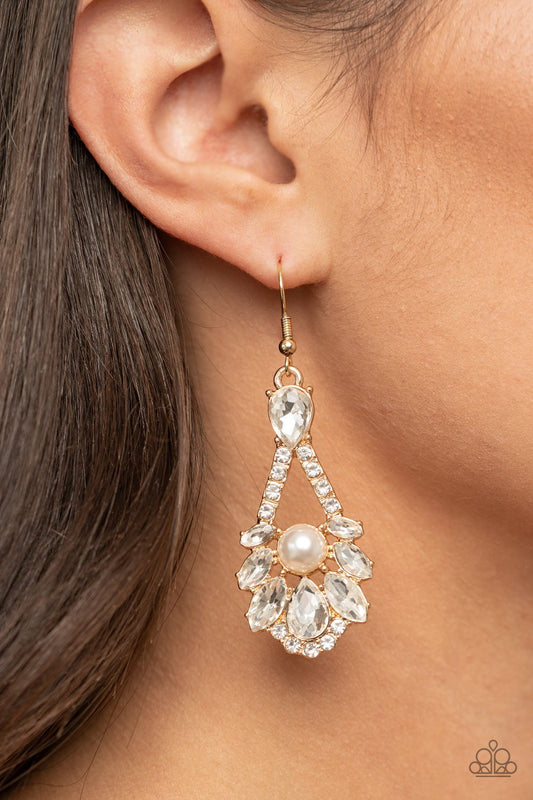 Prismatic Presence - Gold Teardrop Frame/White Rhinestone Encrusted Frame Paparazzi Earrings